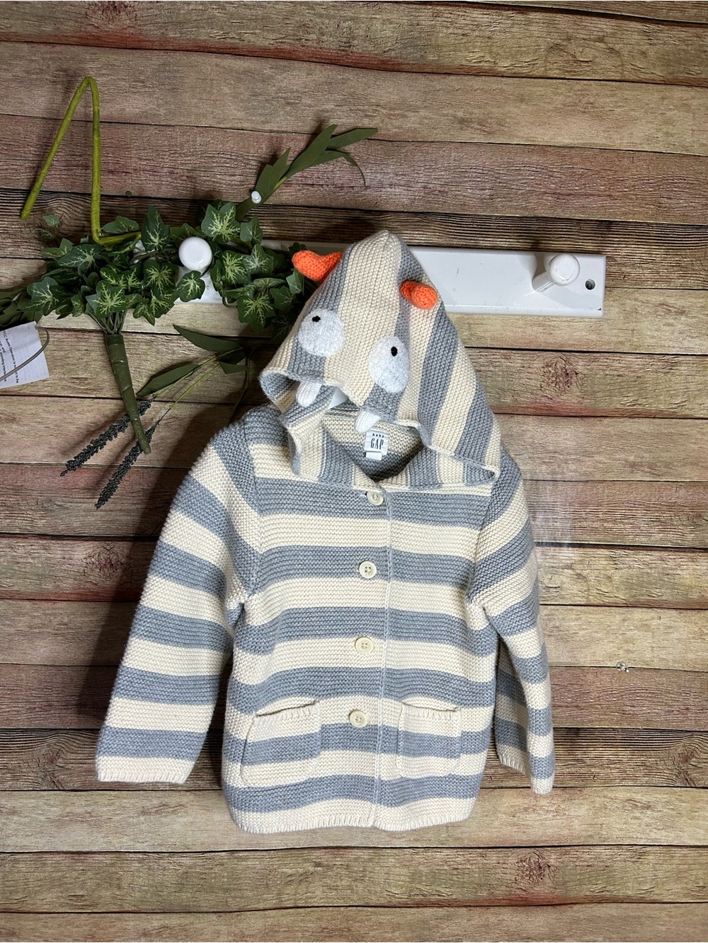 Baby Gap Gray And Cream Striped Monster Garter Knit Hoodie Sweater Size 18-24 Mo
